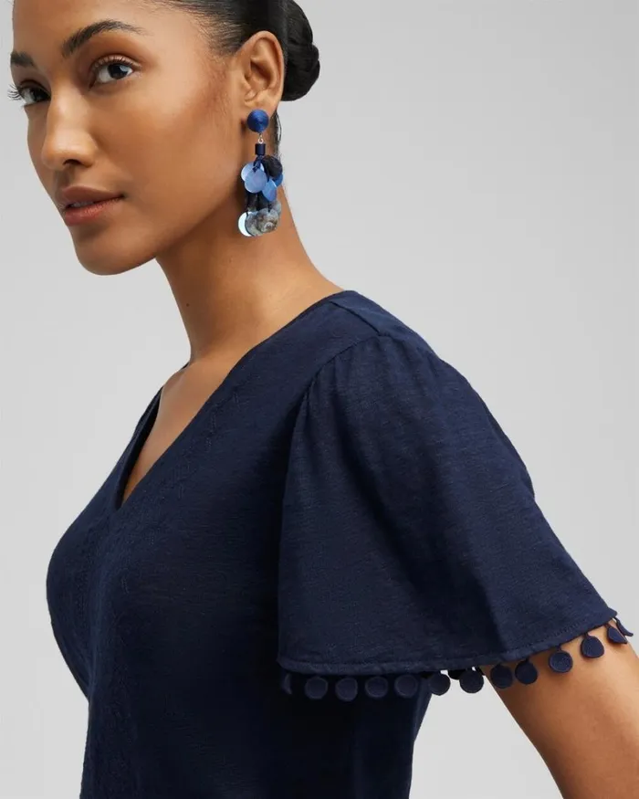 Chico039s Tops Linen Embroidered Flutter Sleeve Top Mango Sorbet 8211 Clothing