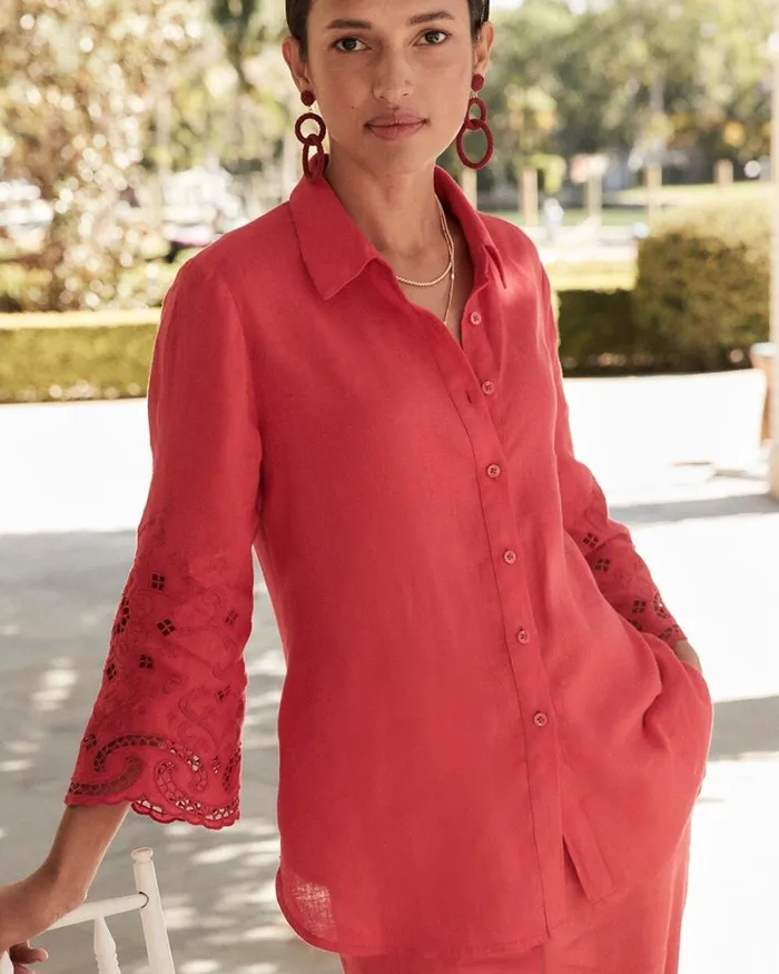 Chico039s Tops Linen Eyelet Sleeve Shirt Watermelon Punch 8211 Clothing