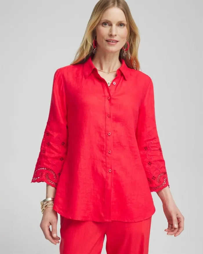 Chico039s Tops Linen Eyelet Sleeve Shirt Watermelon Punch 8211 Clothing