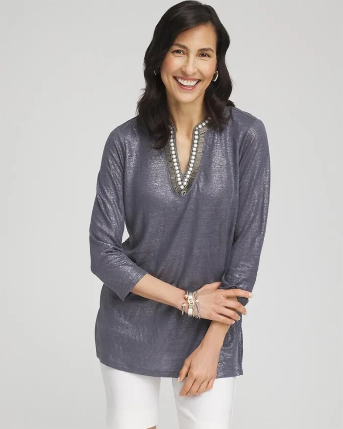 Chico039s Tops Linen Foil Embellished Tunic Soft Slate 8211 Clothing