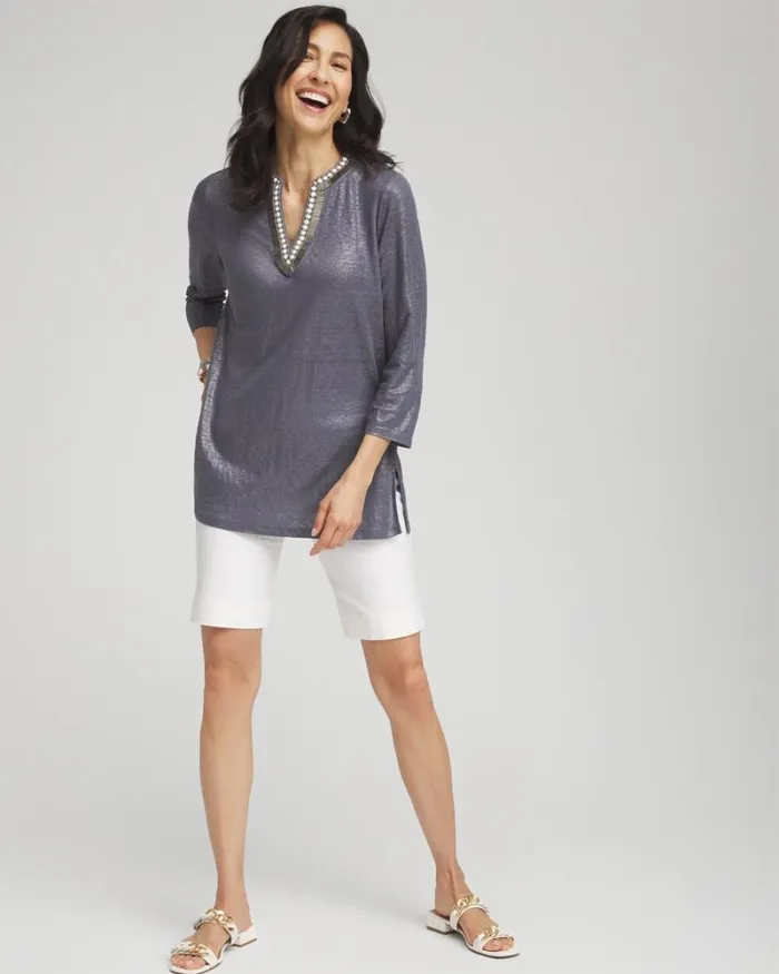 Chico039s Tops Linen Foil Embellished Tunic Soft Slate 8211 Clothing