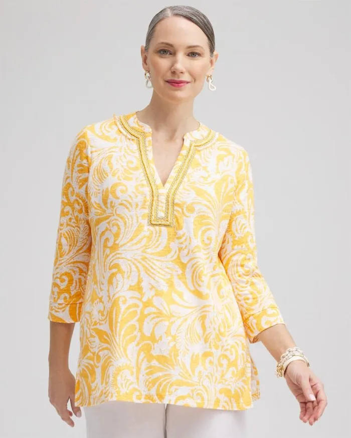 Chico039s Tops Linen Paisley Embellished Tunic Mango Sorbet 8211 Clothing
