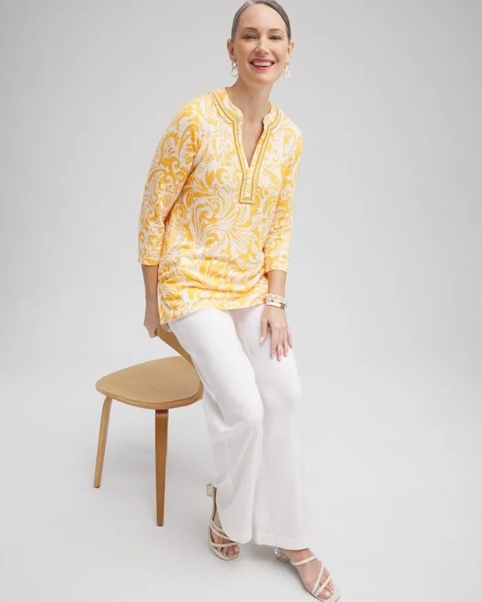 Chico039s Tops Linen Paisley Embellished Tunic Mango Sorbet 8211 Clothing