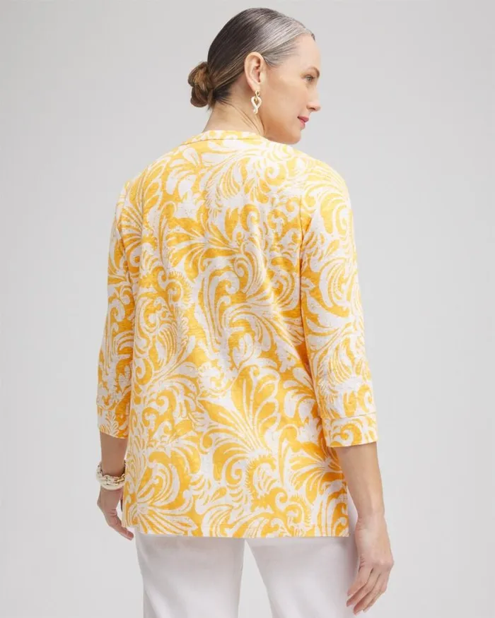 Chico039s Tops Linen Paisley Embellished Tunic Mango Sorbet 8211 Clothing