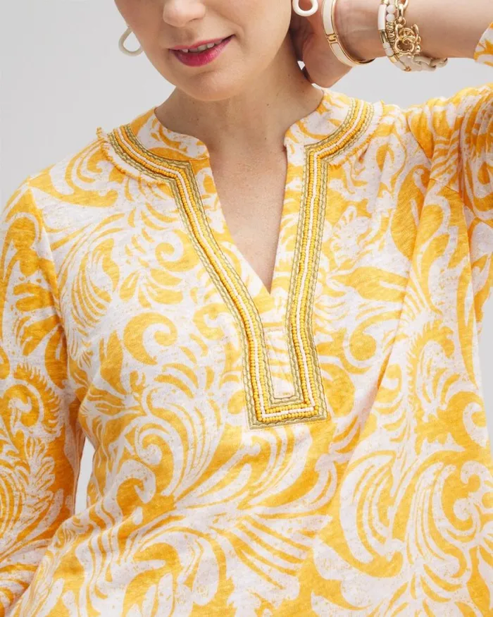 Chico039s Tops Linen Paisley Embellished Tunic Mango Sorbet 8211 Clothing
