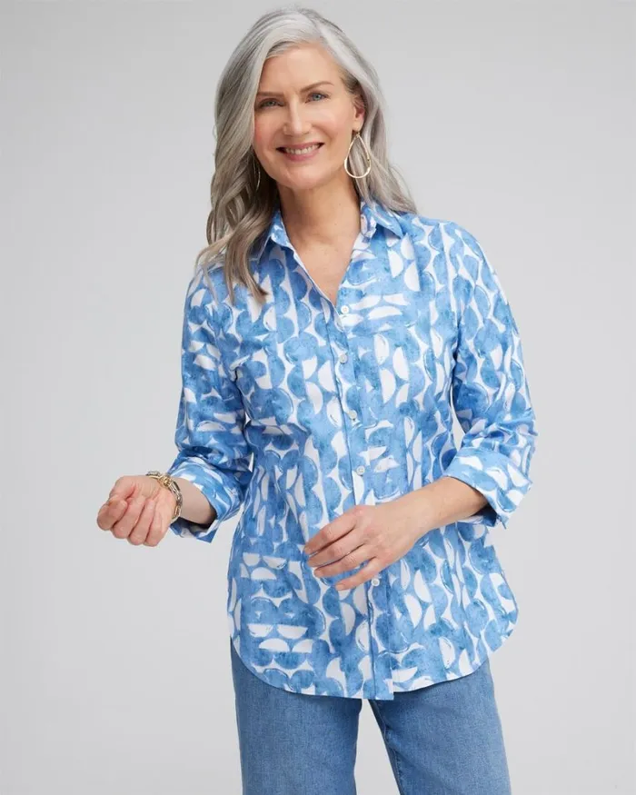 Chico039s Tops No Iron 34 Sleeve Half Moon Shirt Azores Blue 8211 Clothing