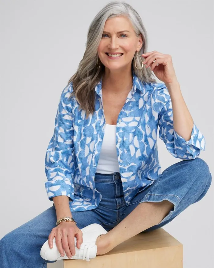 Chico039s Tops No Iron 34 Sleeve Half Moon Shirt Azores Blue 8211 Clothing