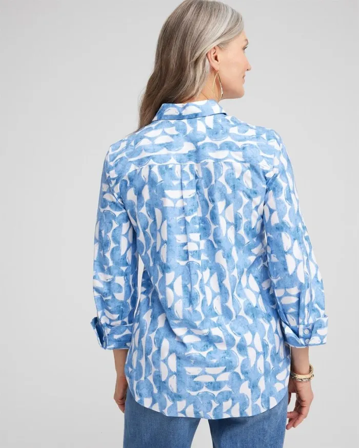 Chico039s Tops No Iron 34 Sleeve Half Moon Shirt Azores Blue 8211 Clothing
