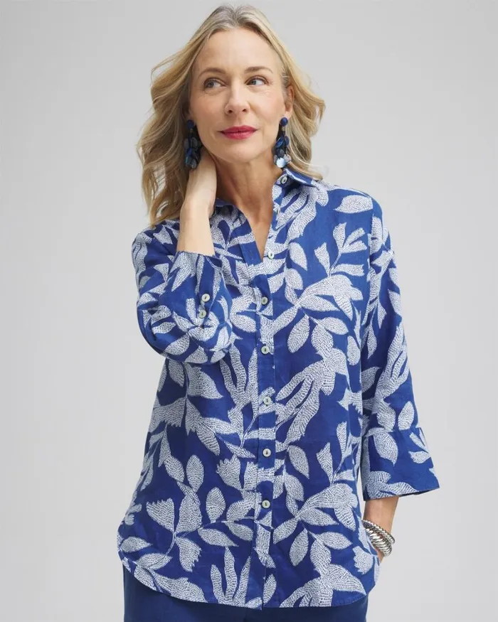 Chico039s Tops No Iron Linen Leaf 34 Sleeve Shirt Evening Eclipse 8211 Clothing