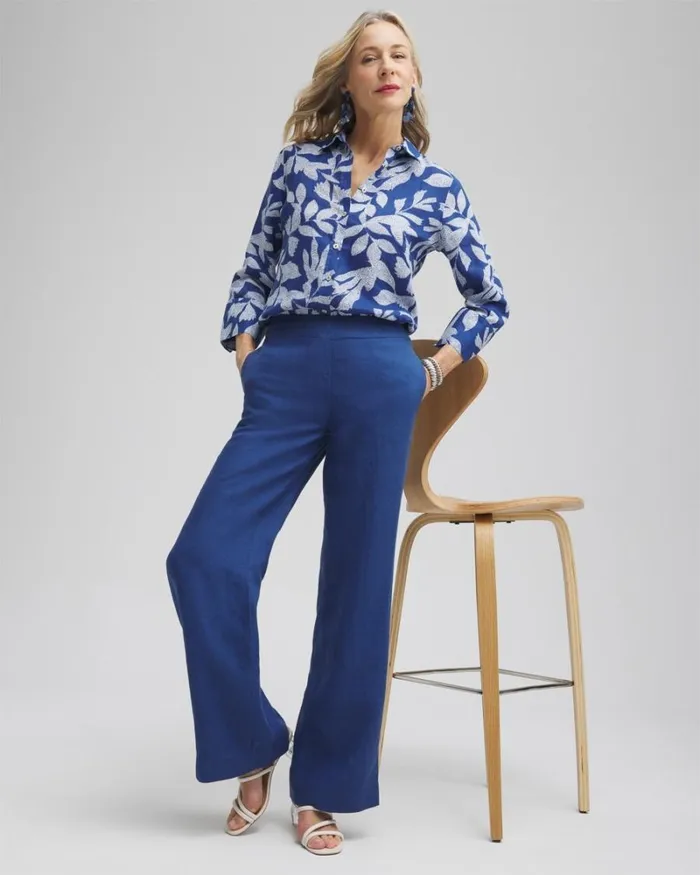 Chico039s Tops No Iron Linen Leaf 34 Sleeve Shirt Evening Eclipse 8211 Clothing