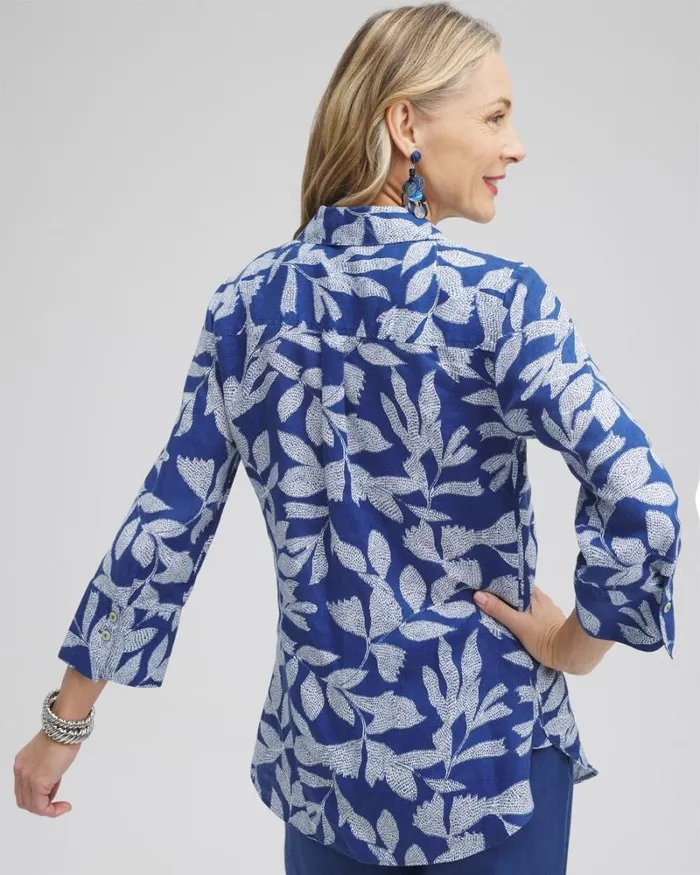 Chico039s Tops No Iron Linen Leaf 34 Sleeve Shirt Evening Eclipse 8211 Clothing