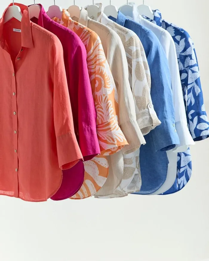 Chico039s Tops No Iron Linen Leaf 34 Sleeve Shirt Evening Eclipse 8211 Clothing