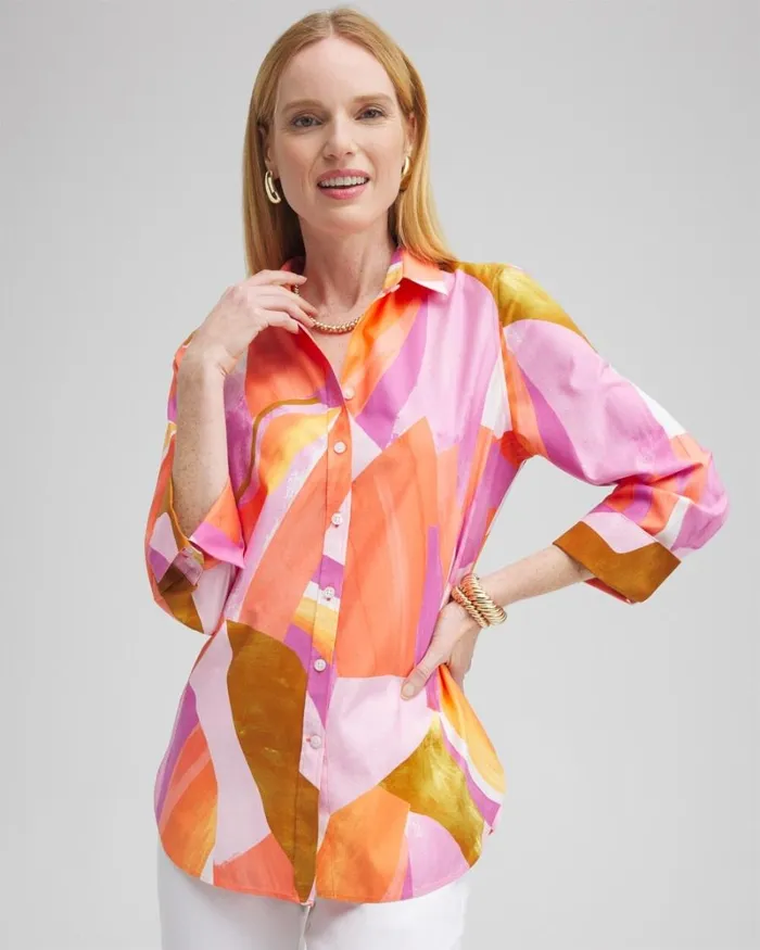 Chico039s Tops No Iron Stretch Abstract Mix Shirt Nectarine 8211 Clothing