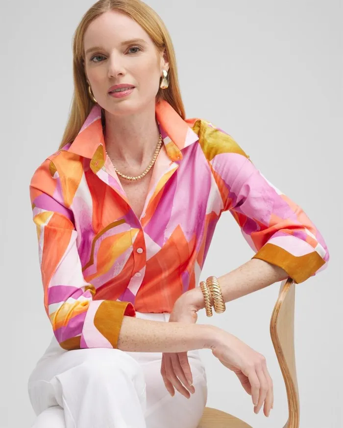 Chico039s Tops No Iron Stretch Abstract Mix Shirt Nectarine 8211 Clothing
