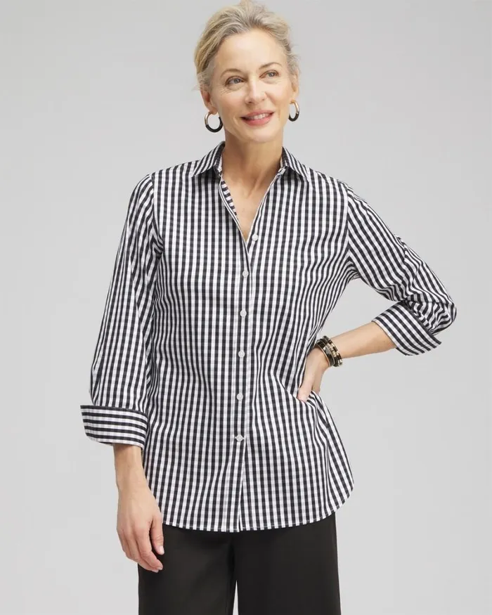 Chico039s Tops No Iron Stretch Gingham Shirt Black 8211 Clothing
