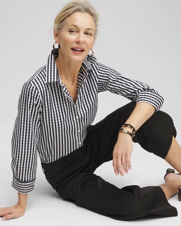 Chico039s Tops No Iron Stretch Gingham Shirt Black 8211 Clothing