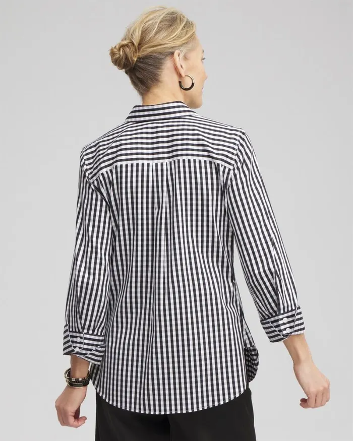 Chico039s Tops No Iron Stretch Gingham Shirt Black 8211 Clothing