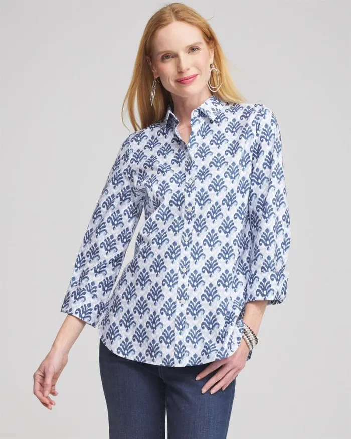 Chico039s Tops No Iron Stretch Ikat Shirt French Blue 8211 Clothing
