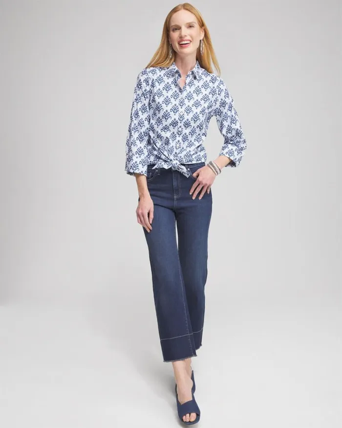 Chico039s Tops No Iron Stretch Ikat Shirt French Blue 8211 Clothing