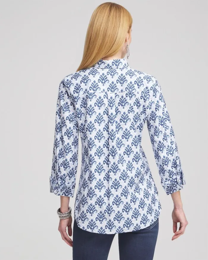 Chico039s Tops No Iron Stretch Ikat Shirt French Blue 8211 Clothing