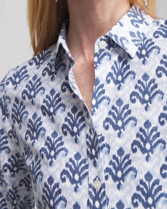 Chico039s Tops No Iron Stretch Ikat Shirt French Blue 8211 Clothing