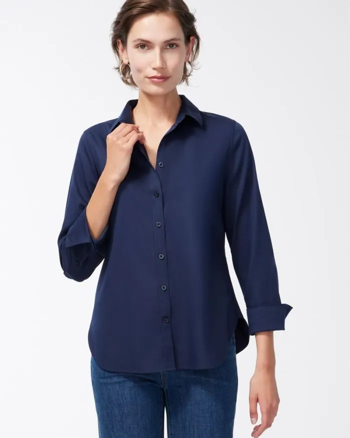 Chico039s Tops No Iron Stretch Shirt Classic Navy 8211 Clothing