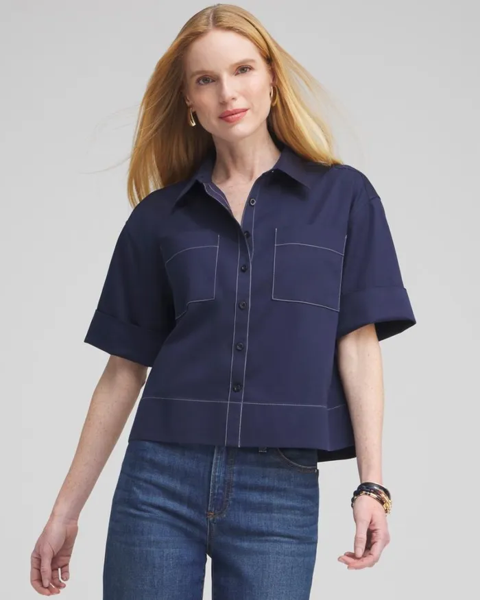 Chico039s Tops No Iron Stretch Short Sleeve Shirt Classic Navy 8211 Clothing