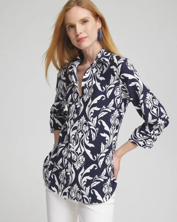 Chico039s Tops No Iron Stretch Swirl Shirt Classic Navywhite 8211 Clothing