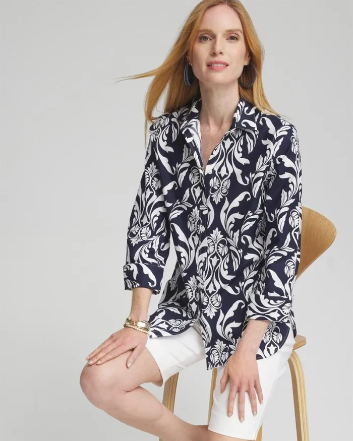 Chico039s Tops No Iron Stretch Swirl Shirt Classic Navywhite 8211 Clothing