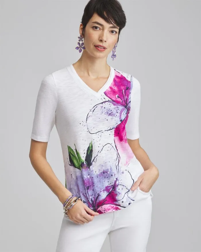 Chico039s Tops Placed Floral Elbow Sleeve Aline Tee Parisian Purple 8211 Clothing