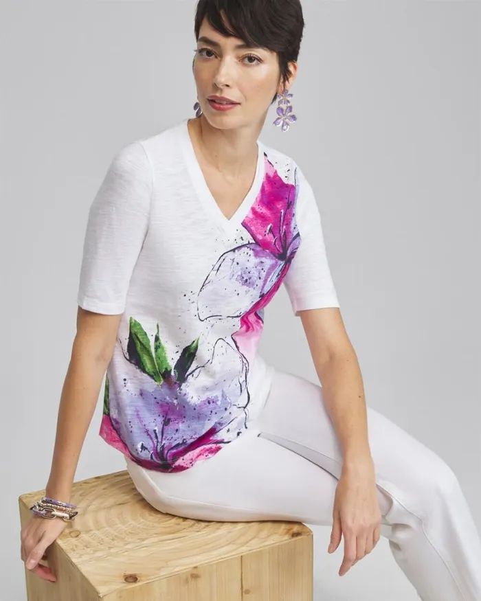 Chico039s Tops Placed Floral Elbow Sleeve Aline Tee Parisian Purple 8211 Clothing