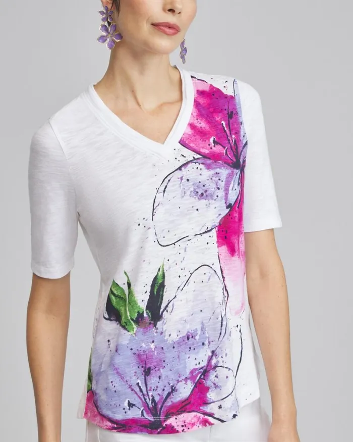 Chico039s Tops Placed Floral Elbow Sleeve Aline Tee Parisian Purple 8211 Clothing