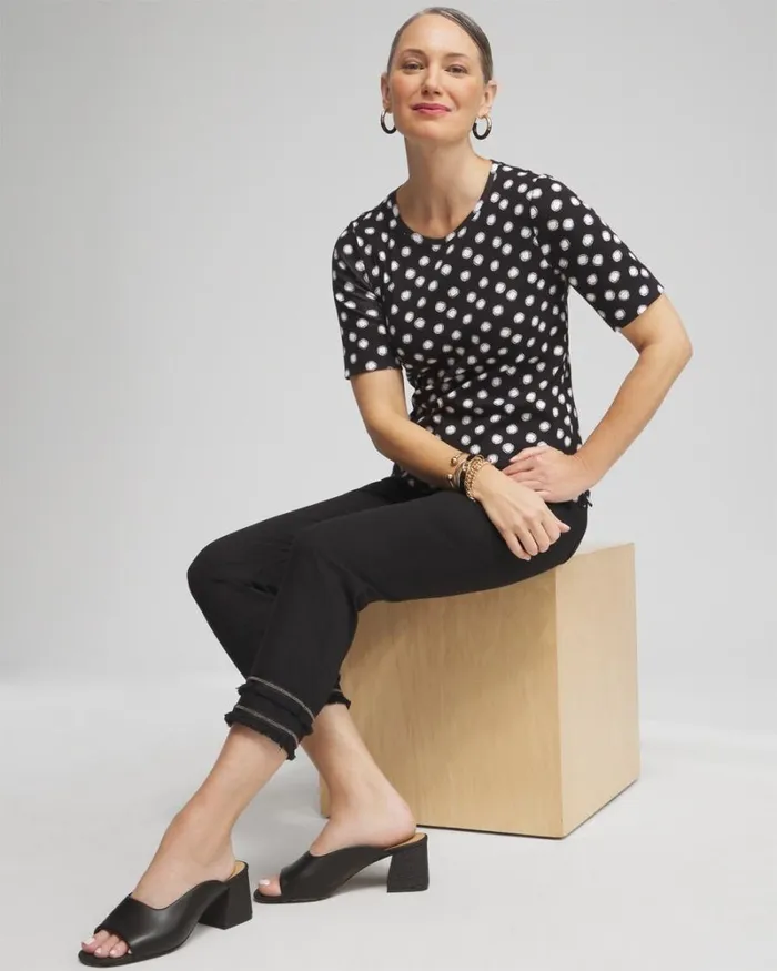 Chico039s Tops Polka Dot Everyday Elbow Sleeve Tee Black 8211 Clothing