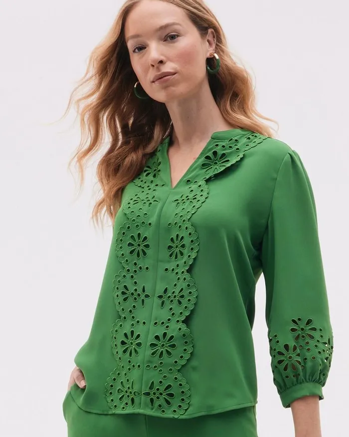 Chico039s Tops Satin Eyelet Top Verdant Green 8211 Clothing