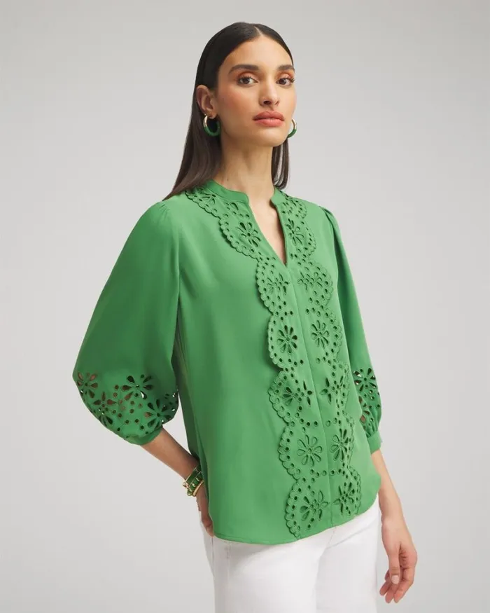 Chico039s Tops Satin Eyelet Top Verdant Green 8211 Clothing