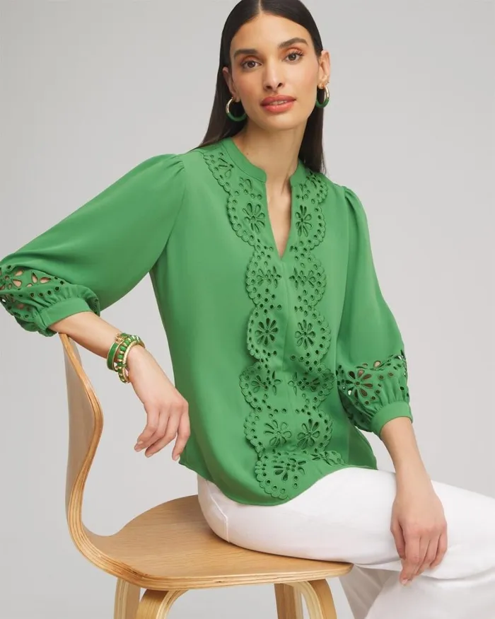 Chico039s Tops Satin Eyelet Top Verdant Green 8211 Clothing