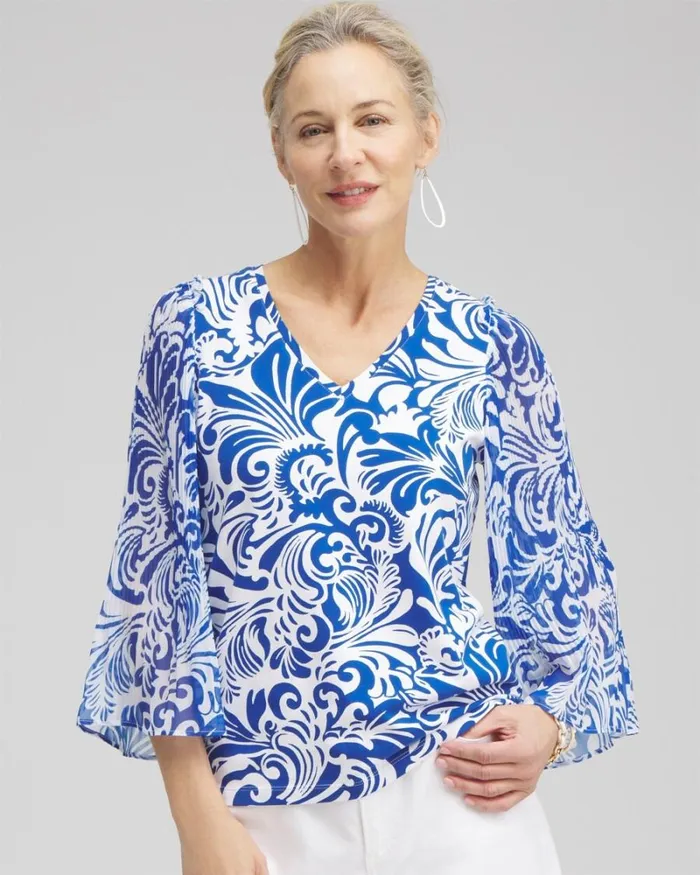 Chico039s Tops Scrolls Pleated Billow Sleeve Top Intense Azure 8211 Clothing