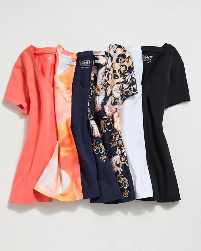 Chico039s Tops Scrolls Vneck Perfect Tee Classic Navy 8211 Clothing