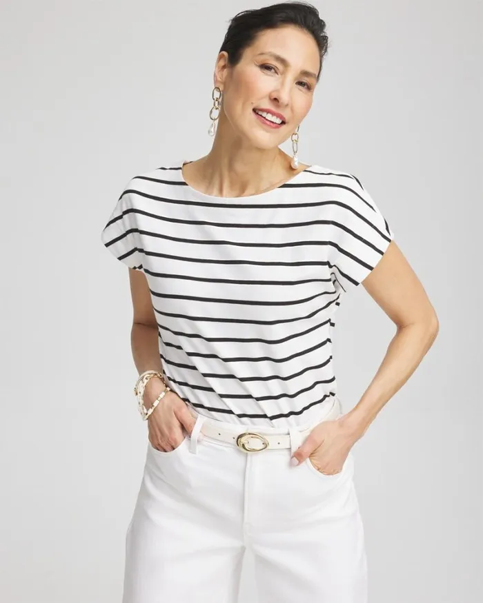 Chico039s Tops Stripe Modern Cap Sleeve Tee Alabaster 8211 Clothing
