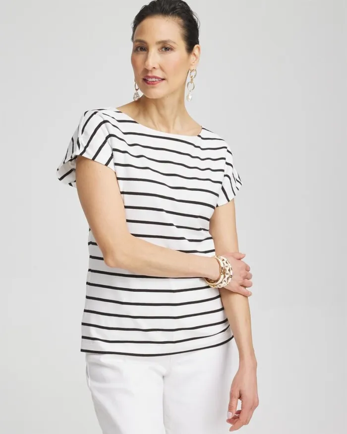Chico039s Tops Stripe Modern Cap Sleeve Tee Alabaster 8211 Clothing