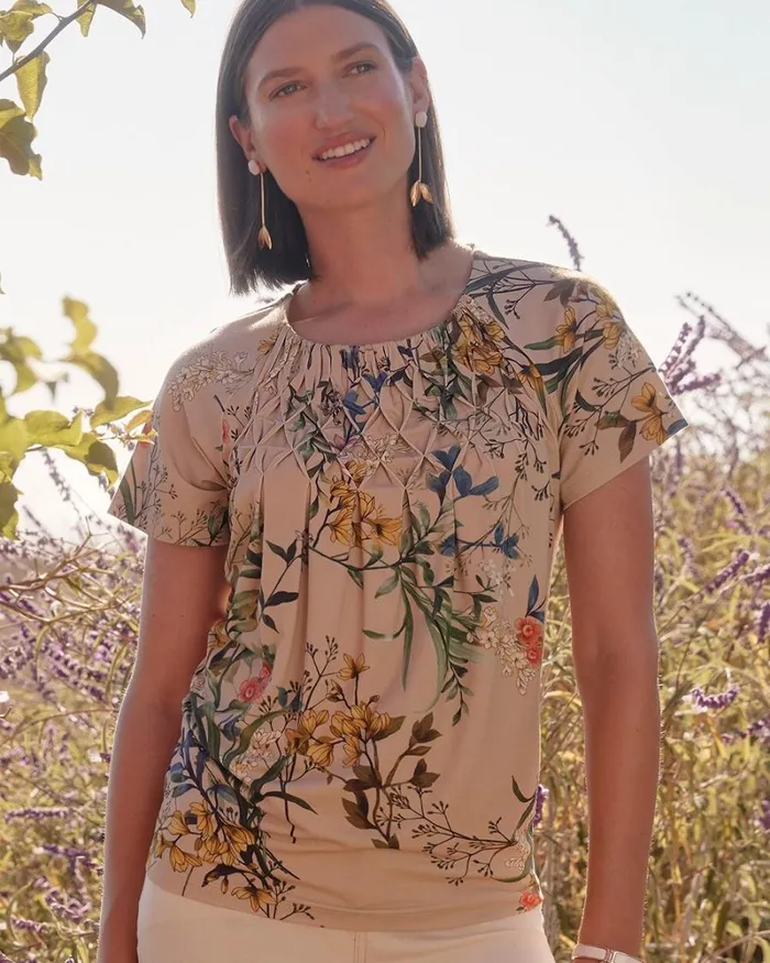 Chico039s Tops Touch Of Cool Floral Smocked Top Wildflower 8211 Clothing