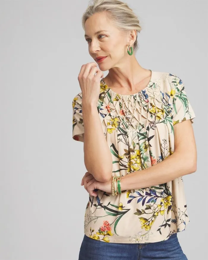Chico039s Tops Touch Of Cool Floral Smocked Top Wildflower 8211 Clothing