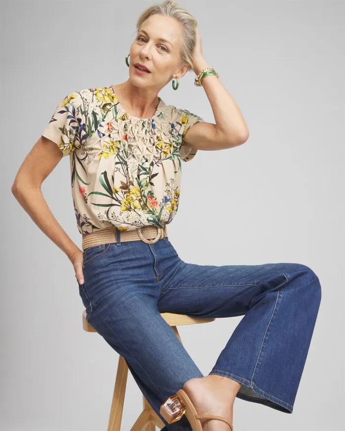 Chico039s Tops Touch Of Cool Floral Smocked Top Wildflower 8211 Clothing