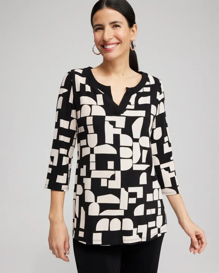 Chico039s Tops Travelers Block Print Split Neck Top Smokey Taupe 8211 Clothing