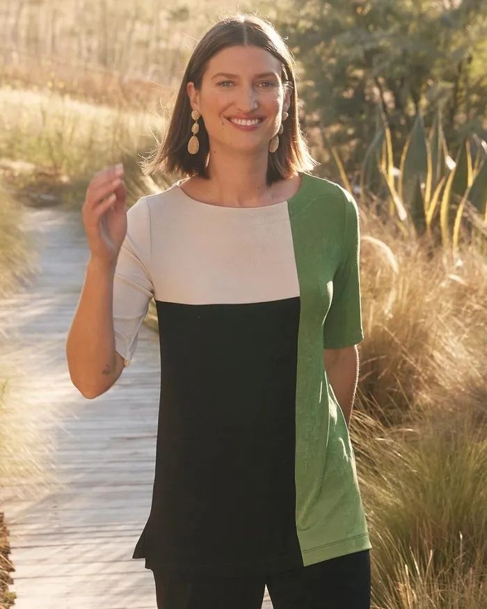Chico039s Tops Travelers Colorblock Tunic Verdant Green 8211 Clothing