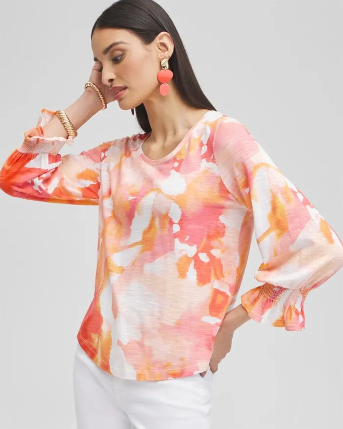 Chico039s Tops Watercolor Smocked 34 Sleeve Tee Nectarine 8211 Clothing