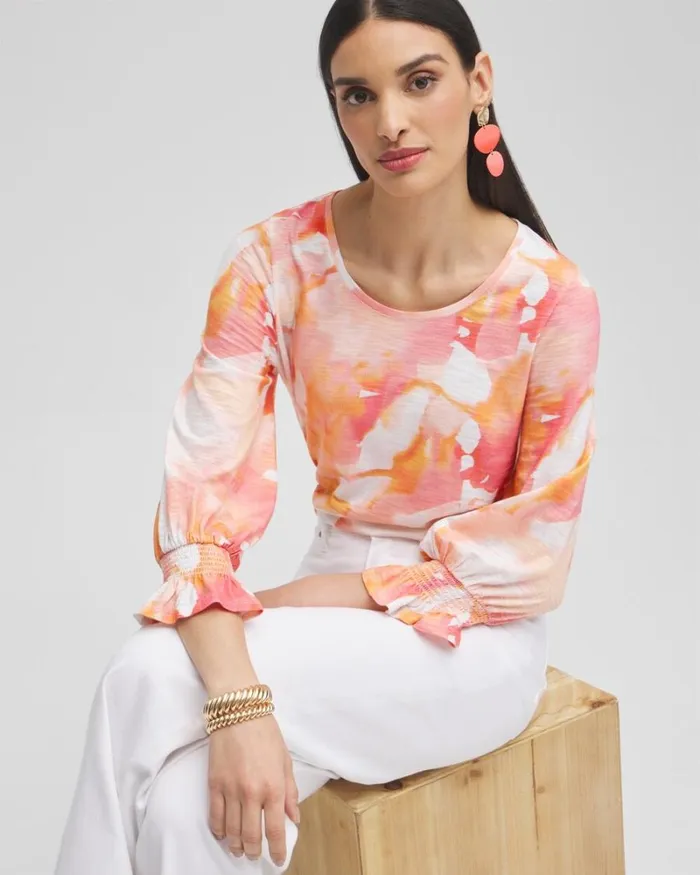 Chico039s Tops Watercolor Smocked 34 Sleeve Tee Nectarine 8211 Clothing