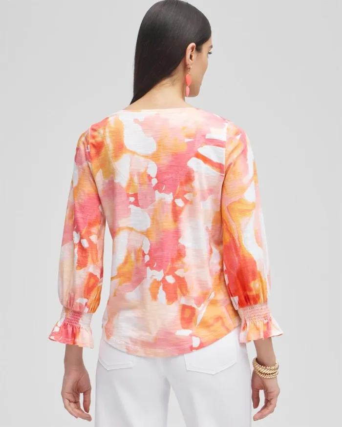 Chico039s Tops Watercolor Smocked 34 Sleeve Tee Nectarine 8211 Clothing