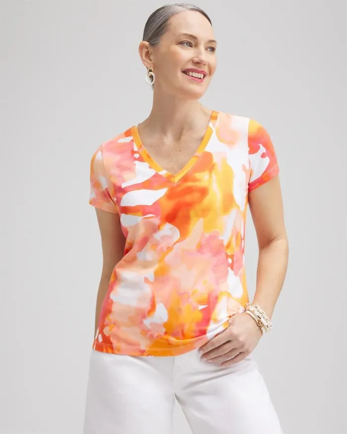 Chico039s Tops Watercolor Vneck Perfect Tee Nectarine 8211 Clothing