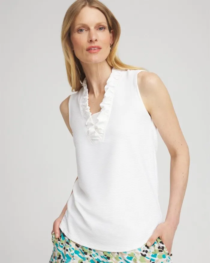 Chico039s Tops Zenergy UPF Knit Ruffle Tank Alabaster 8211 Clothing